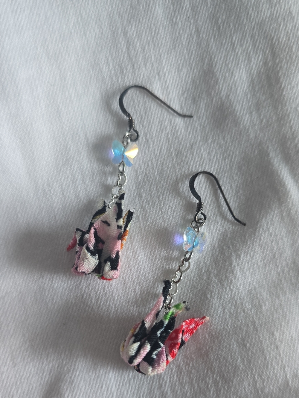 Japanesr Floral Fabric Origami Crane Dangle Earrings - Pink Multicolor